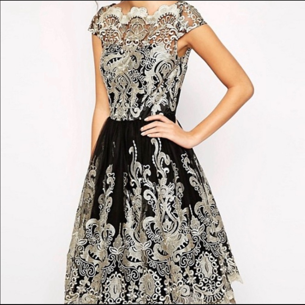 Premium Metallic Lace Midi Prom Dress  Bardot Neck